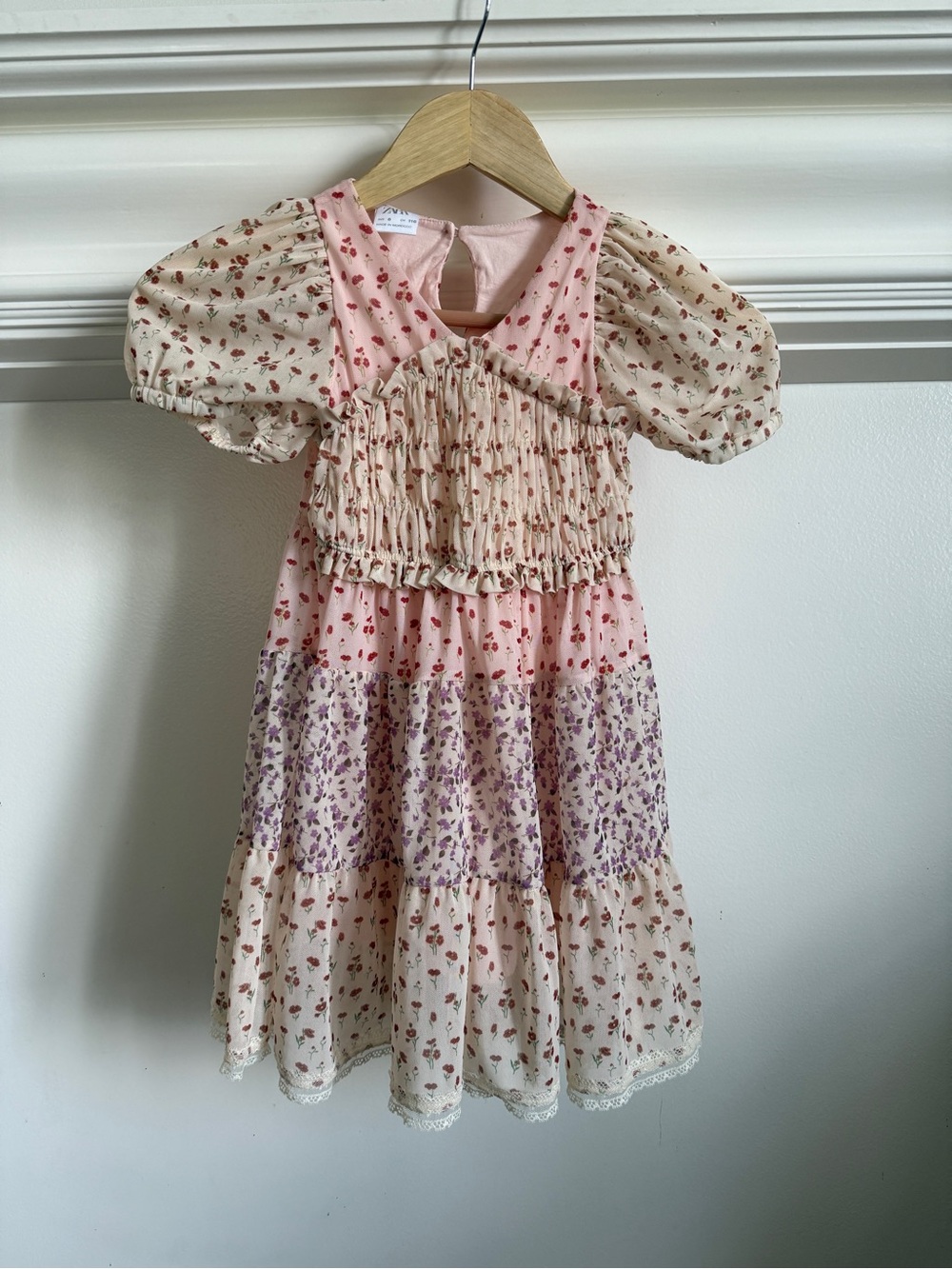 Zara Pink, Cream & Lavender Tiered Floral Puff-Sleeve Dress